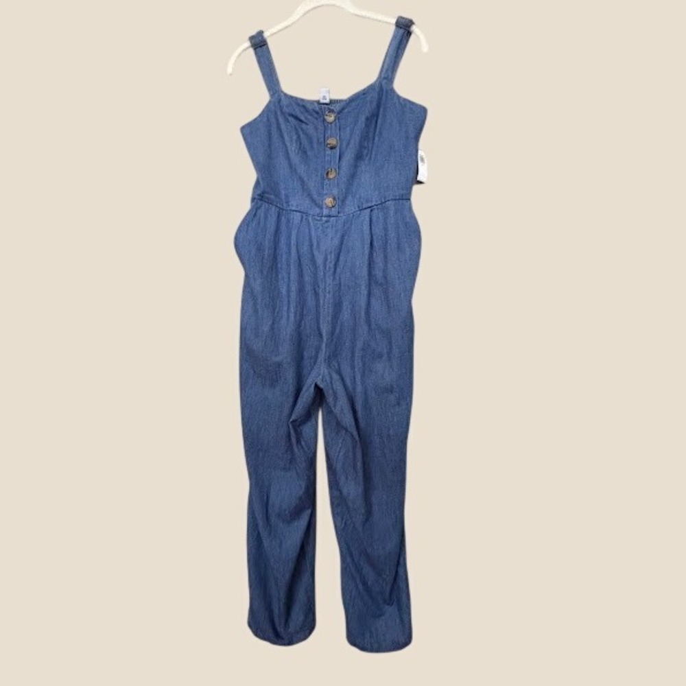 Old Navy Womens Medium Wash Denim Button Front Smocked Back Jumpsuit Size M NEW